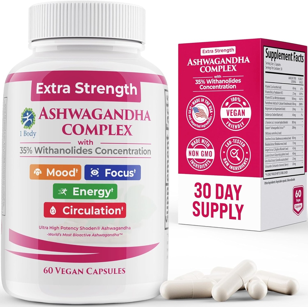 Supplément complexe 100% Shoden Ashwagandha - Extrant de racine concentré 35:1 ultra-haute puissance pour le sommeil et l'énergie - Vegan, non-OGM - 60 capsules Ashwagandha
