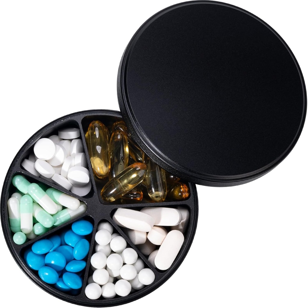 Organisateur de pilules avec 6 compartiments - Heavy Duty Metal Daily Pill Case, grand porte-conteneur de pilules, distributeur de médicaments imperméable boîte à pilules pour supplément de vitamine Médecine Huiles de poisson, 0.38lb, noir
