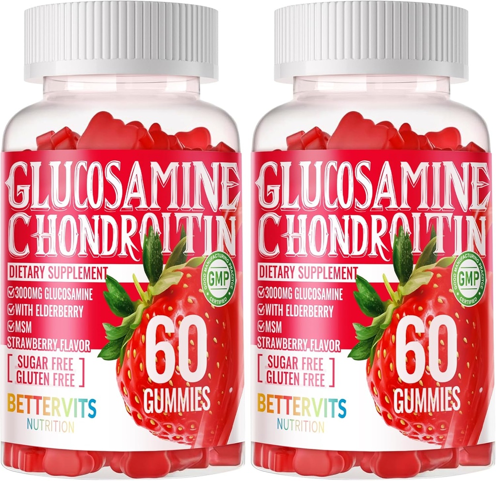 Glucosamine Chondroïtine Gommies avec MSM & Elderberry Extra Strength - Soutien articulaire, Supplément de soutien immunitaire antioxydant pour adultes, hommes et femmes. 120 Gommies de fraises