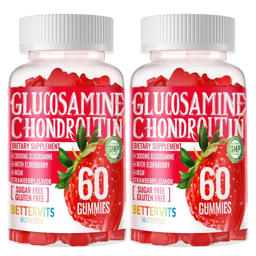Glucosamine Chondroïtine Gommies avec MSM & Elderberry Extra Strength - Soutien articulaire, Supplément de soutien immunitaire antioxydant pour adultes, hommes et femmes. 120 Gommies de fraises