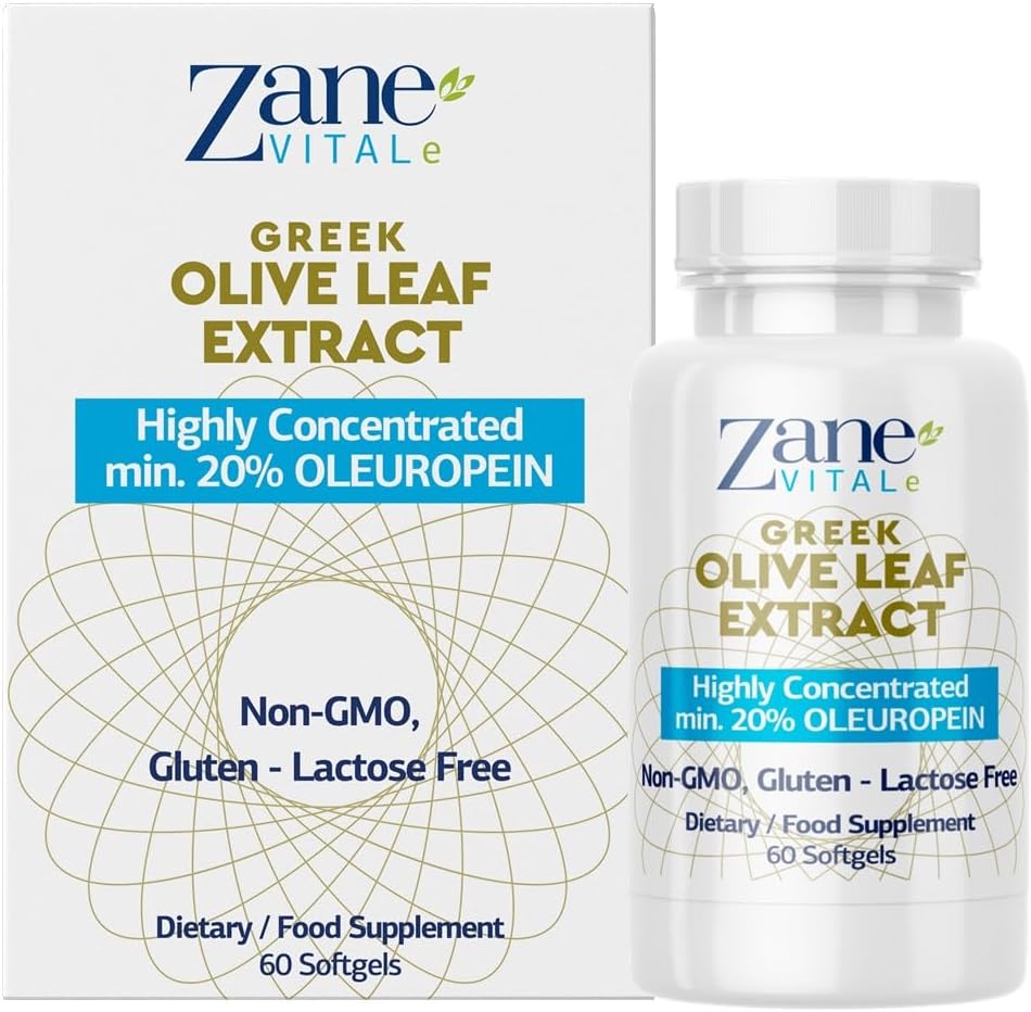 Zane Grec Olive Leaf Extract - min. 20% Oleuropein - Fournit un soutien immunitaire et une pression artérielle saine, favorise la santé du système cardiovasculaire - 60 Capsules Non-OGM, Gluten - Lactose – Sans paraben