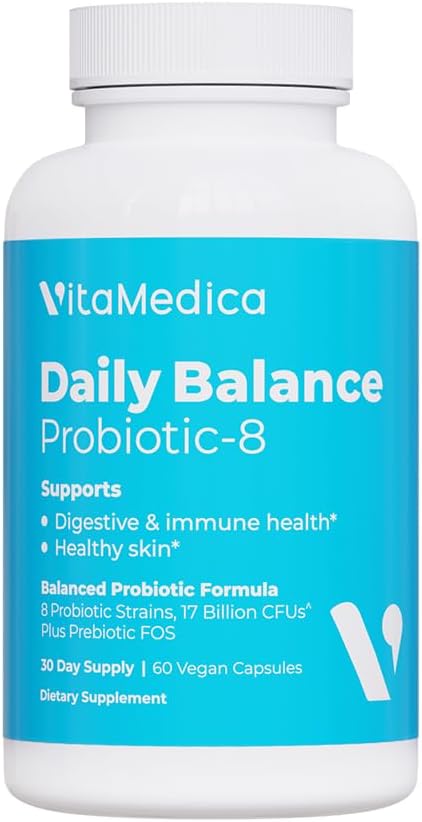 VitaMedica.Équilibre quotidien Probiotique-8. Supplément probiotique. 16 milliards d'UFC Santé de la peau, de la digestion et de l'immunité. Constipation, diarrhée, gaz et dégel.
