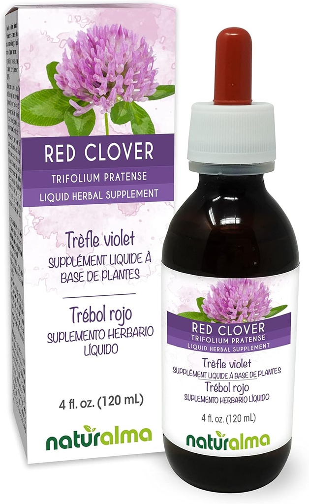 Naturalma trèfle rouge (Trifolium pratense) herbe avec fleurs Teinture sans alcool - 4 fl oz extrait liquide dans les gouttes - supplément à base de plantes - végétalien