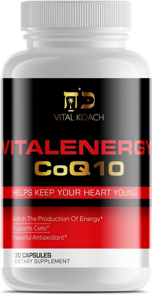 Vitalenergy CoQ10 Ubiquinone 200mg, 30 Capsules, soutient la santé cardiovasculaire, la production d'énergie cellulaire et l'antioxydant, blanc/rouge/noir