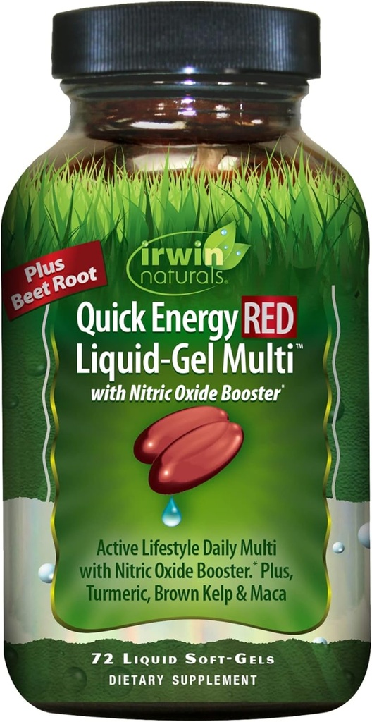 Irwin Naturals Quick Energy RED Liquid-Gel Multi - 72 Softgels liquides - avec booster d'oxyde nitrique et Super Foods