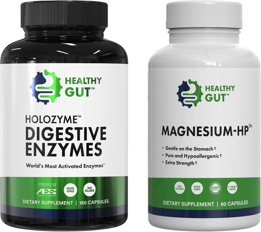 Enzymes digestifs Gut HoloZyme, 180 capsules, et Magnésium-HP, 60 capsules