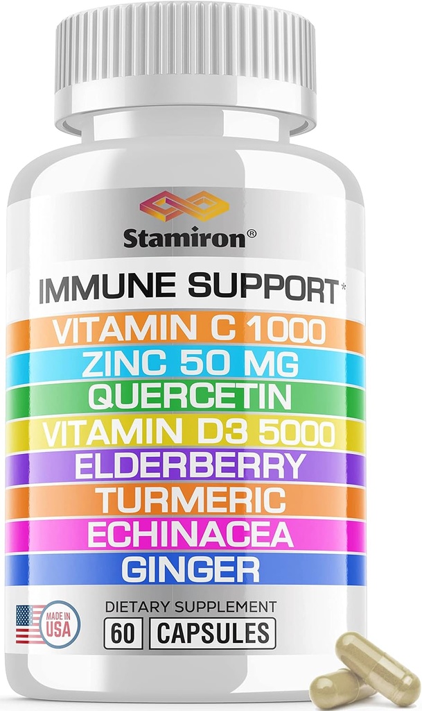8 en 1 Immune Support avec Quercetin Zinc 50mg Vitamine C 1000mg Vitamine D3 5000 UI et Elderberry Echinacea Ginger pour Adultes Enfants - VIT D Supplément Capsules de Veg