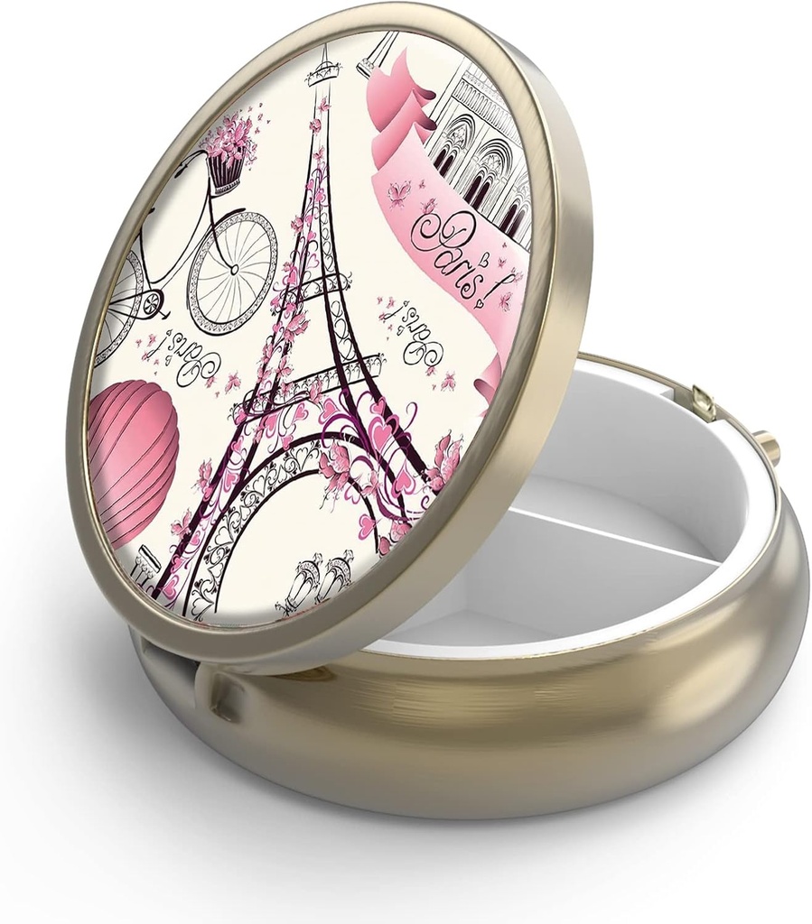 Pill Case Pill Box with Mirror Retro 3 Compartiment Petite Pill Case for Purse or Pocket Bronze Petite Pill Box or Vitamines, Huile de poisson, Suppléments, Pill Containe Travel Gifts (Tour Eiffel de Paris)
