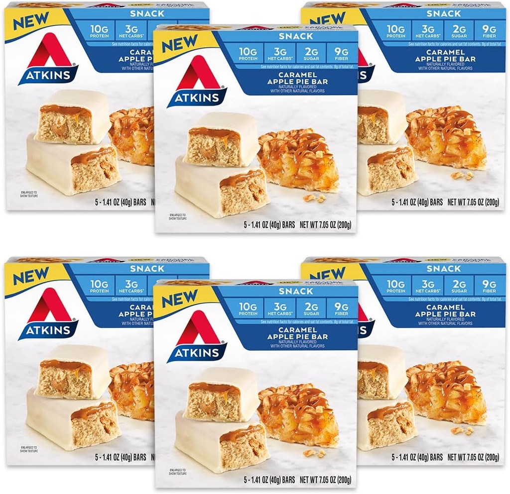 Atkins Snack Bar, tarte à la pomme caramel, naturellement aromatisée, bonne source de protéines et de fibres, faible teneur en glucides, faible teneur en sucre (30 barres)
