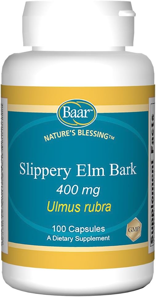 Baar NatureS Blessing Slippery Elm Bark Capsules, 400 mg Potent complément à base de plantes pour les hommes et les femmes, soutient le confort digestif, la santé des Gut et l'élimination des toxines, 100 par bouteille