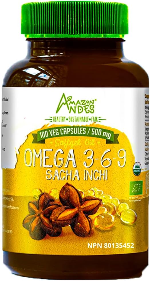 Amazon Andes Sacha Inchi Capsules d'huile - Source d'omegas 3, 6 et 9 - Source plus saine d'acides gras essentiels - Vegan, non-OGM, sans allergène et sans gluten - 100 pilules softgel (500mg) - Fabriqué au Pérou