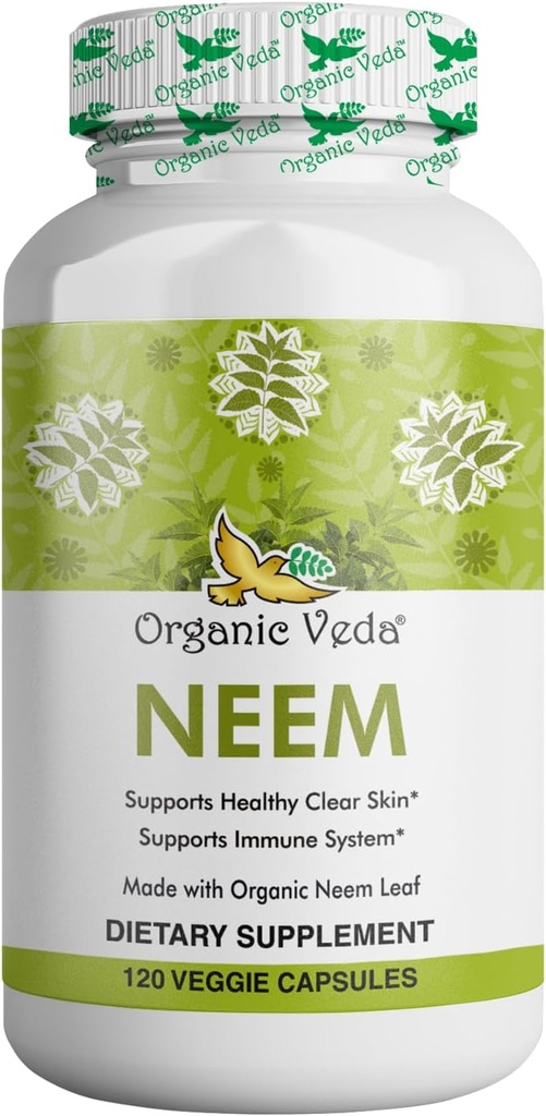 Capsules Veda Neem biologiques, 1000mg - Supplément à base de plantes biologiques avec poudre de Neem Leaf de l'Inde ayurvédique - Supporte la peau radiante, l'immune, la détox, une réponse inflammatoire saine - 120 Capsules Veggie