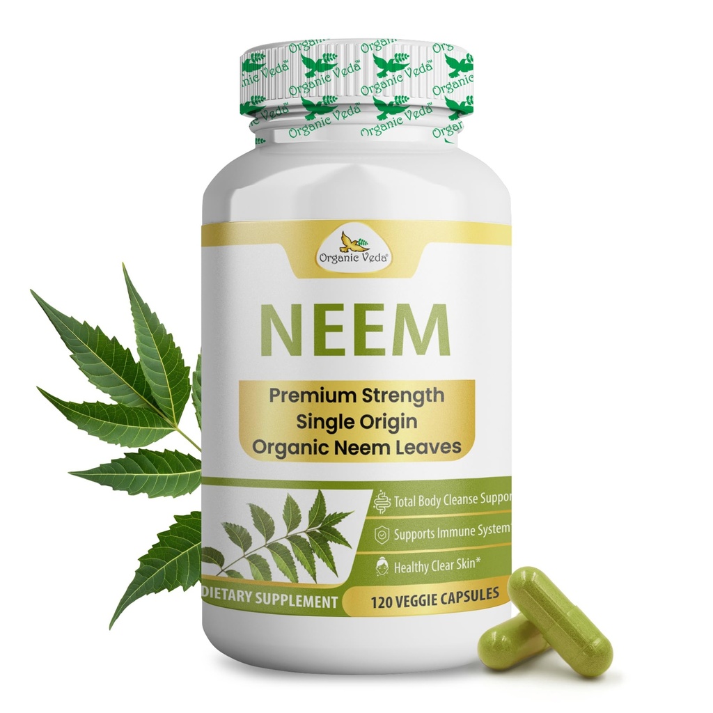 Capsules Veda Neem biologiques, 1000mg - Supplément à base de plantes biologiques avec poudre de Neem Leaf de l'Inde ayurvédique - Supporte la peau radiante, l'immune, la détox, une réponse inflammatoire saine - 120 Capsules Veggie