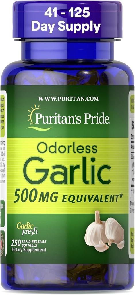 Puritan's Pride Premium Odorless Ail Fresh 500mg, complément alimentaire traditionnel pour la santé cardiaque et le soutien de la circulation avec propriétés antioxydantes, 250 softgels à libération rapide