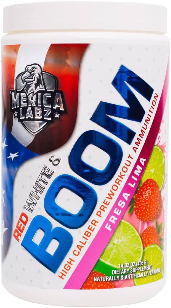« Merica Labz Red, White, and Boom, High Caliber Pre Workout avec VasoDrive-AP®, 350mg Caféine, Max Énergie, Pompe et Focus, Augmentation du débit sanguin et du volume musculaire, 20 portions (Fresa Lima)