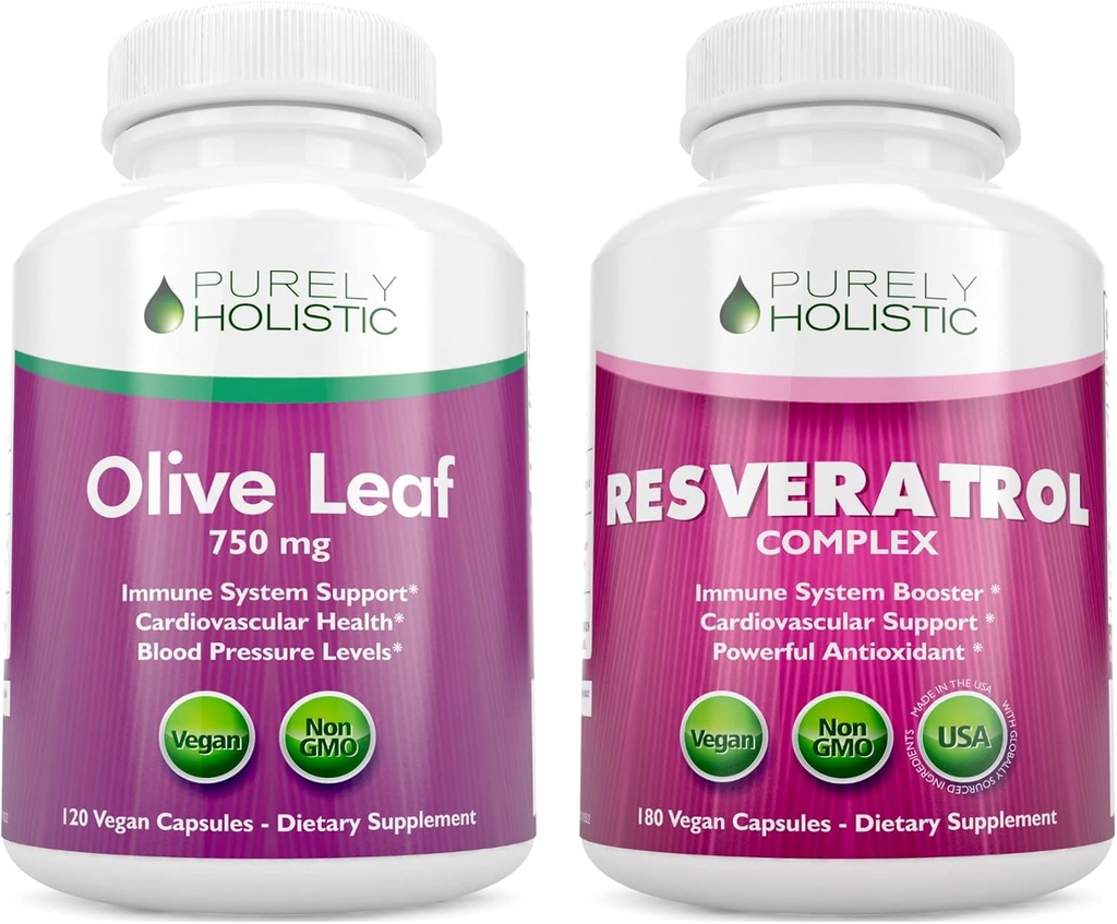 Purely Holistic Olive Leaf Extract 750mg + Resveratrol Complex 1450mg - 300 Vegan Capsules - Made in The USA