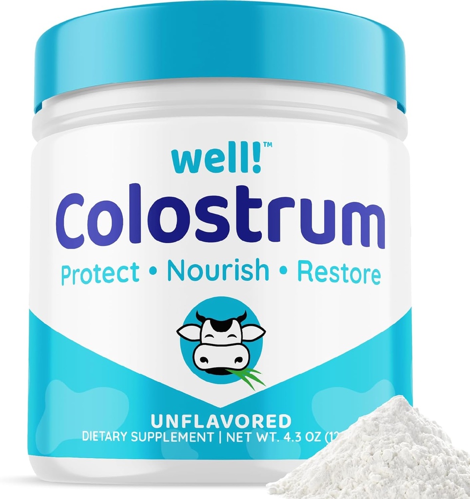 well! Colostrum Supplement for Gut Health, Hair Growth,Beauty & Immune Support - Easy to Mix Grass-Fed Bovine Colostrum Powder - Antioxidants - High IgG Plus ImmunoLin, Unflavored, 60 Servings