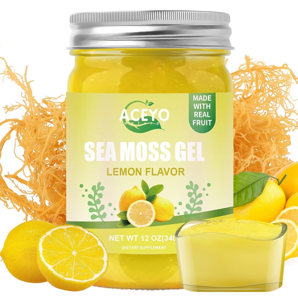 ACEYO (12 OZ) Gel de mousse de mer d'Irlande Bio Végétaux crus Lemon Saveur 102 Vitamines et minéraux Wild Harvested Non-GMO Immune Defense Booster Thyroïde Soutien digestif