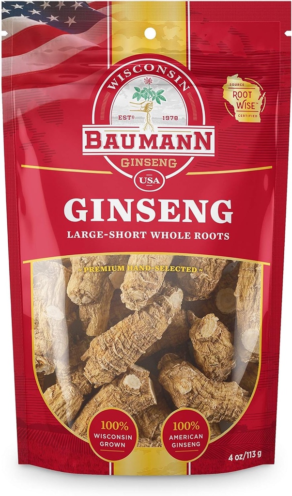 Baumann Wisconsin Ginseng Racines entières - Large Short (4 oz.) - 100% Wisconsin naturel Ginseng Panax Herb - Ginseng américain séché pur avec des ginsénosides antioxydants pour une meilleure concentration et énergie