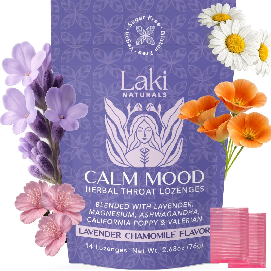 Laki Naturals Lavande Camomile Calm Mood Functional Herbal Lozenges (14ct) Throat & Calmer les bonbons durs avec Magnésium, Ashwagandha, California Poppy & Valerian. Vegan, sans sucre, sans gluten