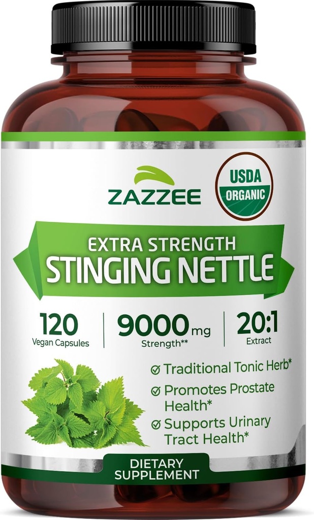Zazzee USDA Sting Organic Nettle 20:1 Extrait, 9000 mg Résistance, 120 Capsules Vegan, 4 mois d'approvisionnement, Concentré, Standardisé 20X Extrait, certifié biologique, 100% végétarien, tout naturel, non-OGM