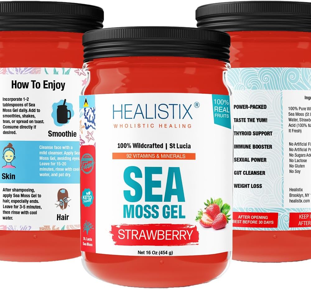 Healistix Strawberry Irish Sea Moss Gel (20 saveurs) - Gel de maraîcher sauvage, emballé avec 92 vitamines - Superfood pour le soutien immunitaire, non-OGM, Keto, Vegan