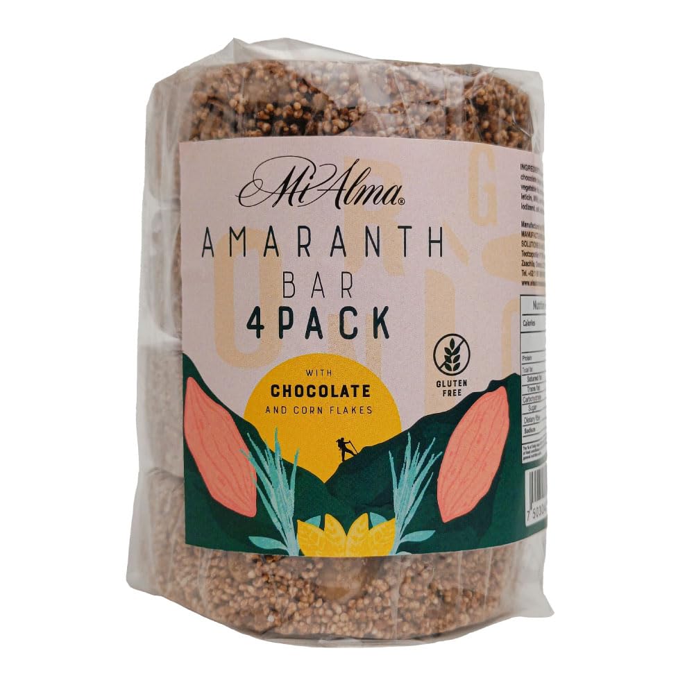 Mi Alma, 4 BAR PACK Amaranth Bar avec chocolat et flocons de maïs PREMIUM, Barra de Amaranto con Chocolat, Super nourriture, Sans gluten, Snack santé, 8,4 oz