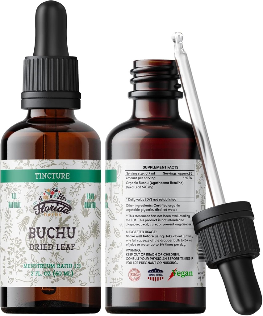 Teinture de buchu, Extrait de buchu biologique (Agathosma Betulina) Supplément santé aux feuilles séchées, non-OGM dans Glycérine végétale biologique pressée à froid 2 oz, 670 mg