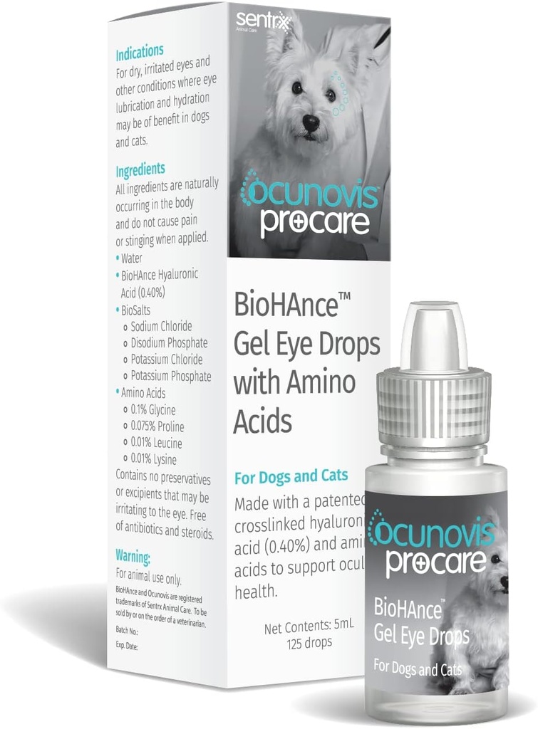 Sentrx - Ocunovis ProCare Gel gouttes pour les yeux des chiens et des chats, gouttes pour les yeux des chats et des chiens hydratants avec acide hyaluronique, lysine et acides aminés, sans conservateur et sans antibiotiques, 5 ml