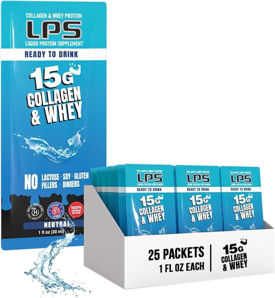 LPS Liquid Collagen & Whey Protein Supplement - Non-GMO Drink, Sugar-Free - Promotes Healthy Skin & Hair for Men & Women, Neutral, Single Serve (25 Packets)