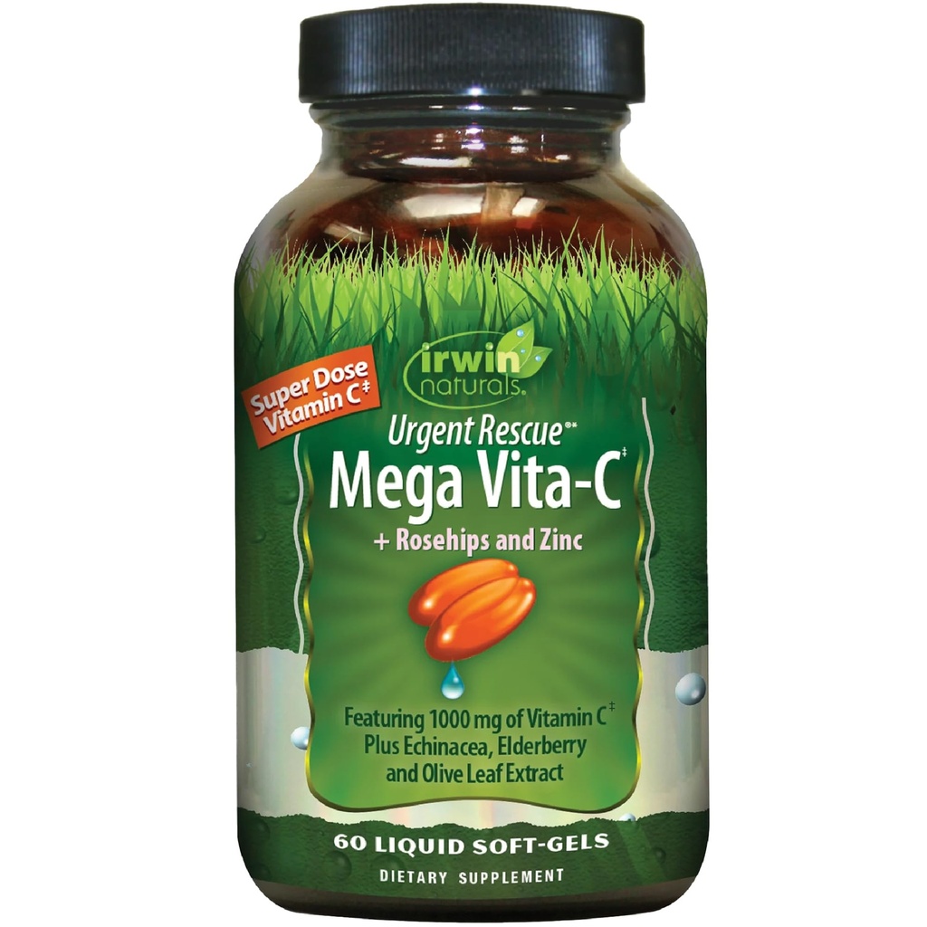 Irwin Naturals Sauvetage d'urgence Mega Vita-C - 60 Softgels liquides - 1 000 mg de vitamine C - Supplément de soutien immunitaire avec roséhips et zinc