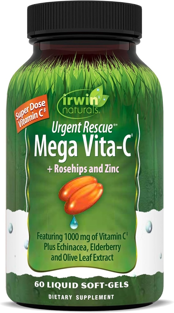Irwin Naturals Sauvetage d'urgence Mega Vita-C - 60 Softgels liquides - 1 000 mg de vitamine C - Supplément de soutien immunitaire avec roséhips et zinc