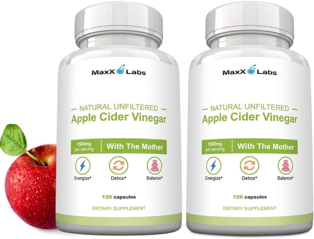 Capsules de vinaigre de cidre de pomme crue avec mère, 1500mg pilules de vinaigre de cidre de pomme - Boost Energy, Support Immunity & Digestion & Weight Management pour les femmes et les hommes - 2 Pack