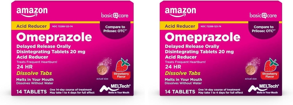 Amazon Basic Care Omeprazole Retardé la libération par voie orale Désintégration des comprimés, 20 mg, Réducteur acide, Flaveur de fraises, 14 Compte (paquet de 2)