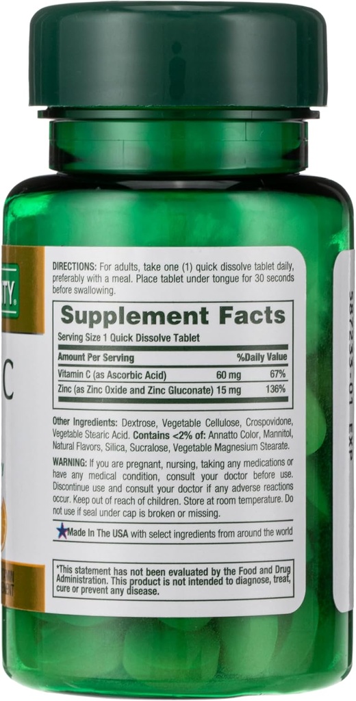 Bounty de la nature, vitamine C + zinc, soutient la santé immunitaire, supplément de vitamine, 60 mg, 60 comprimés (paquet de 2)