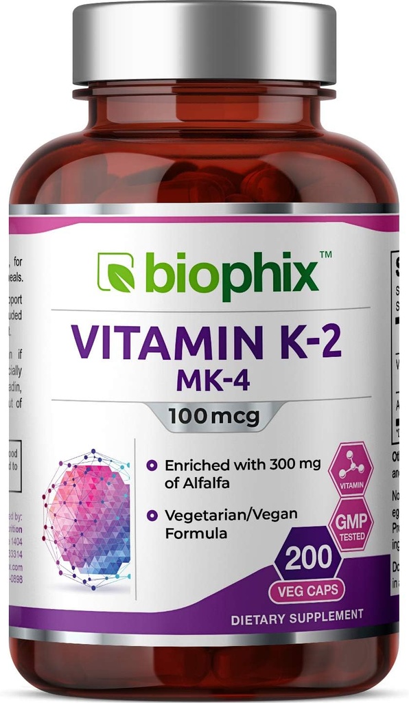 biophix Vitamin K2 MK-4-100 mcg 200 Caps with Alfalfa - Supports Strong Bones Immune Health