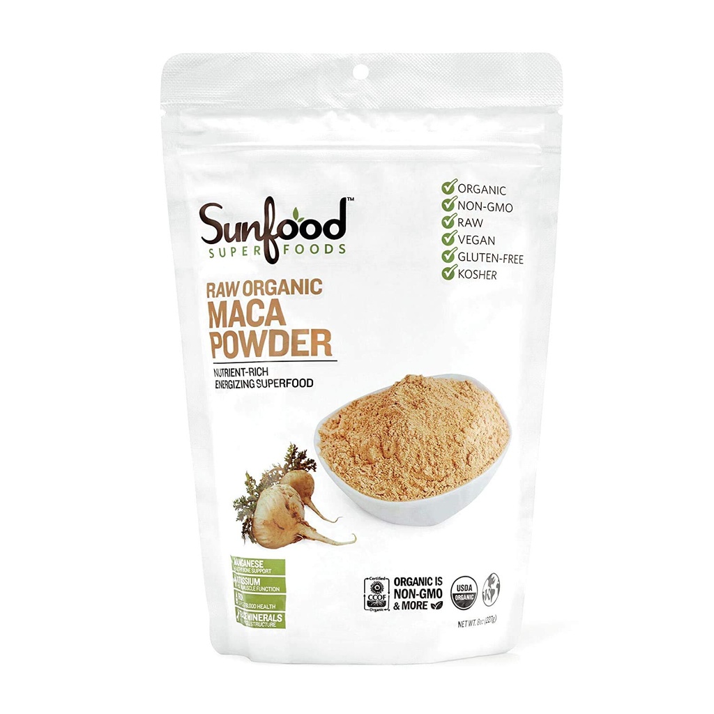 Sunfood Superfoods Supplément en poudre de maca biologique pour les hommes et les femmes - Maca poudre de racine biologique avec adaptogènes, péruvien, cru, végétalien - 8 Oz sac