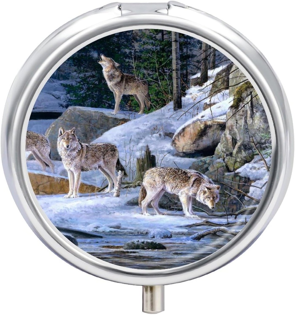 Petite boîte à pilules de voyage, boîte ronde à pilules en métal pour la chasse à la poche, 3 compartiments Portable Pill Holder, mini-organisateur de pilules pour le voyage ou tous les jours - Wolf