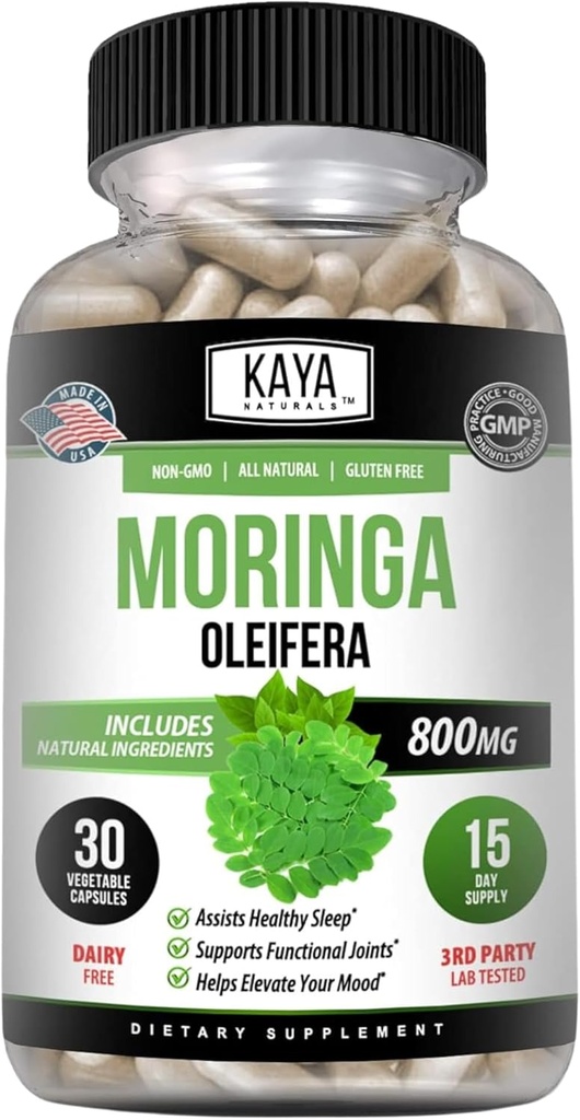 Kaya Naturals Moringa Leaf Extract - Supplément vert complet - Pure Miracle Tree Moringa - Boost Energy Naturally - Vitamines sensibles aux nutriments pour adultes - 30 Végétaux