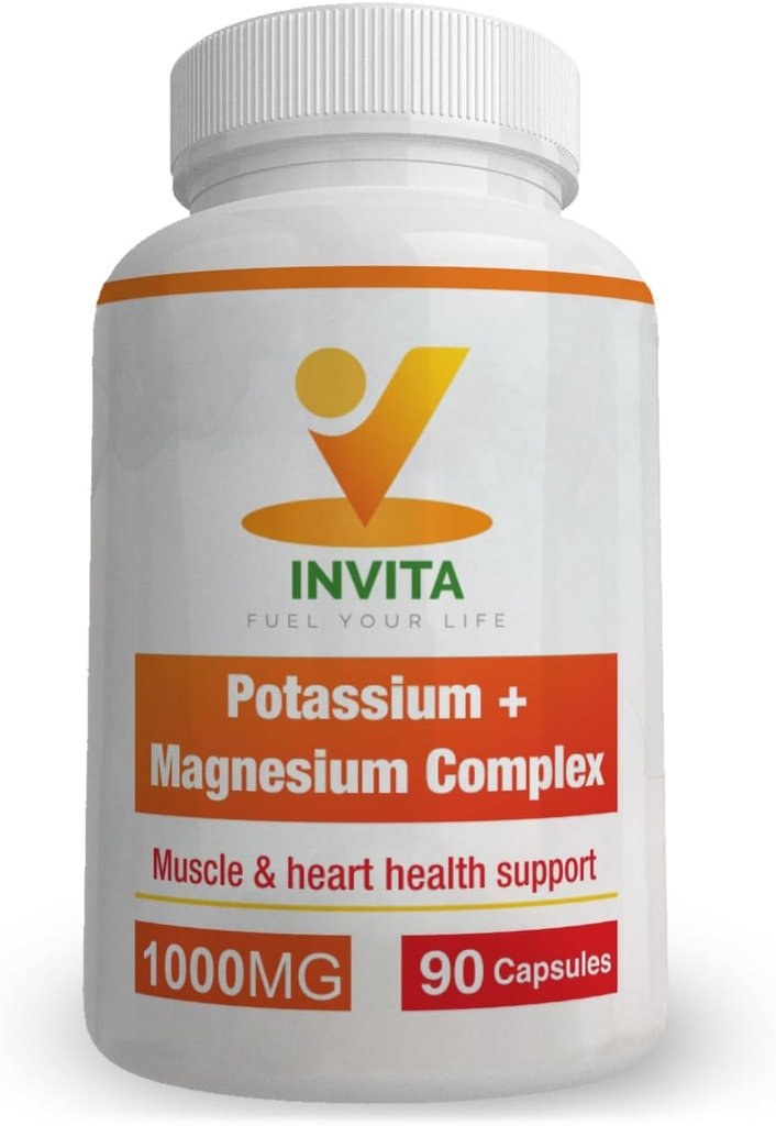 Invita Potassium Magnésium Complex 1000 MG pour le soutien des jambes et des muscles I (90 capsules) - Aspartate de potassium à absorption élevée avec oxyde d'aspartate de magnésium Glycinate Gluconate & Citate