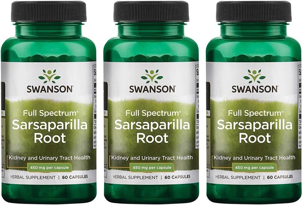 Swanson Sarsaparilla Supplément à base de plantes traditionnelles à base de racines Promouvoir la santé de la peau, le traitement urinaire et le soutien au rein-formule naturelle Soutenir la santé et le bien-être dans leur ensemble-(60 capsules, 450mg chacune) 3 Pack