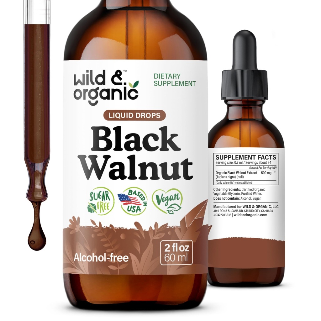 Wild & Organic Black Walnut Tincture - Cleanse & Gut Support - Black Walnut Hull Extract Supplement - Fast Absorption Liquid Drops - Add to Tea & Mix with Powder - Without Alcohol & Sugar - 2 fl oz