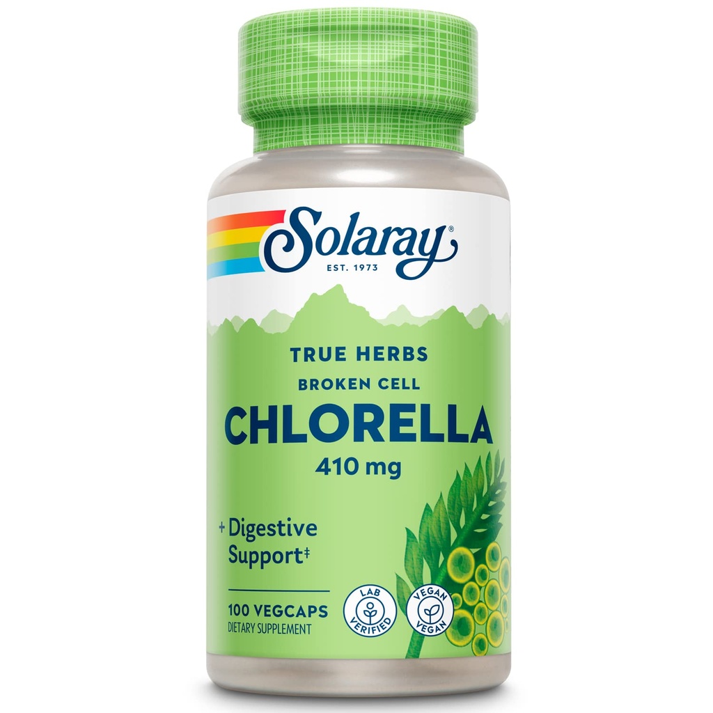 SOLARAY Chlorella à cellules brisées 410 mg , Nutrient-Rich Superfood w/Naturally Occurrent Protéines, Vitamines, Minéraux, Chlorophylle , Non-OGM , 100 Caps de Vég.