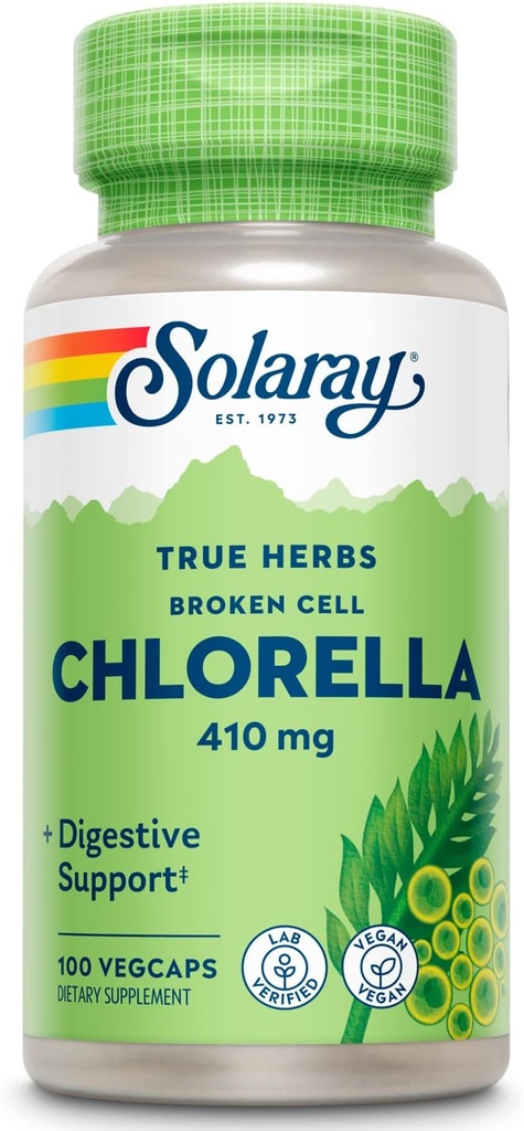 SOLARAY Chlorella à cellules brisées 410 mg , Nutrient-Rich Superfood w/Naturally Occurrent Protéines, Vitamines, Minéraux, Chlorophylle , Non-OGM , 100 Caps de Vég.