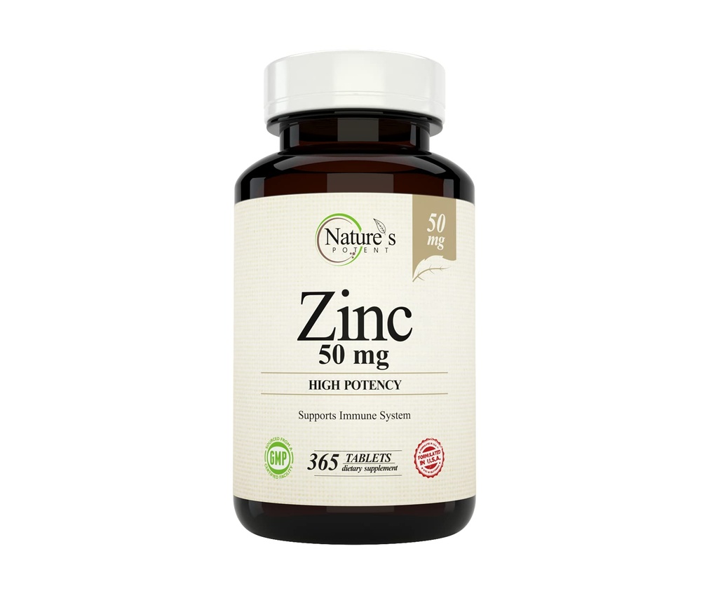 Nature's Potent Zinc 50 mg, supplément de soutien immunitaire - haute puissance pour la santé immunitaire et antioxydante maximale - Fabriqué aux États-Unis à partir d'oxyde de zinc naturel - 365 comprimés (1 an d'approvisionnement)