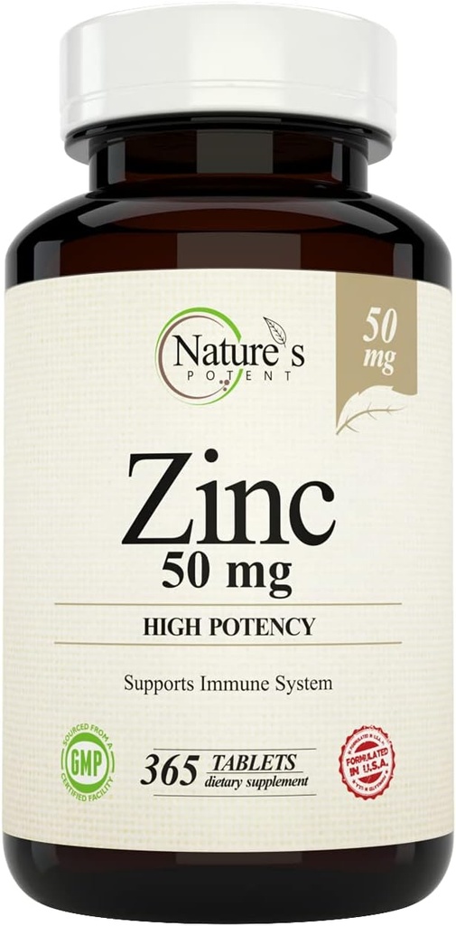 Nature's Potent Zinc 50 mg, supplément de soutien immunitaire - haute puissance pour la santé immunitaire et antioxydante maximale - Fabriqué aux États-Unis à partir d'oxyde de zinc naturel - 365 comprimés (1 an d'approvisionnement)