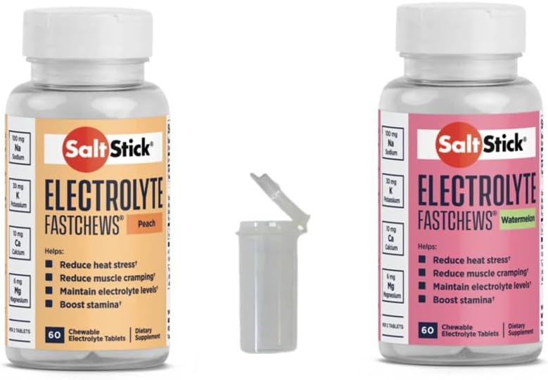 SaltStick FASTCHEWS® Variety 2-Pack - 60 Count Bottles of Peach & Watermelon with Race Ready Tube