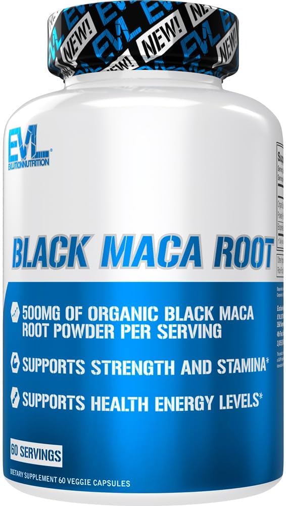 Évlution Nutrition Racine de Maca noire - Soutien énergétique - 500mg Poudre de racine de Maca noire biologique - Supplément d'entraînement - Capsules végétariennes - pour la performance de force et l'endurance - 60 portions