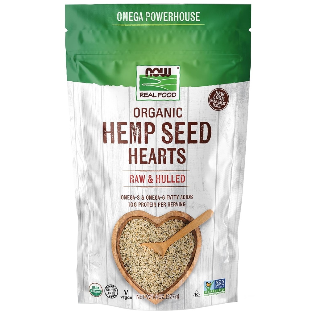 MAINTENANT Aliments, coeurs de graines de chanvre biologique, riches en protéines et en fer, avec acides gras oméga-3 et oméga-6, crus et humillés, 8-Ounce (paquetage mai Vary)