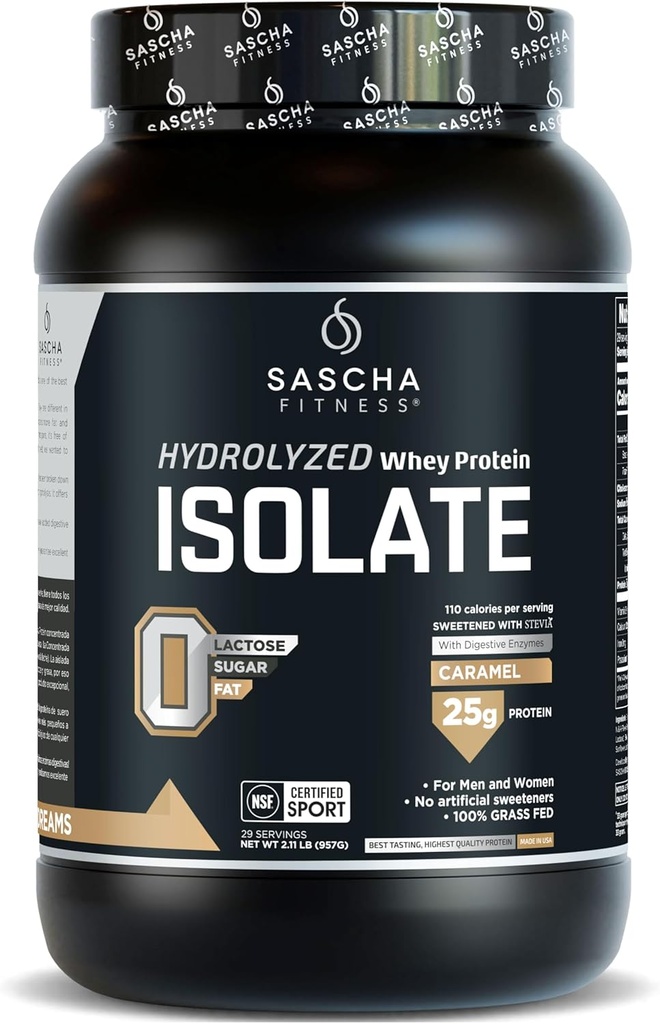 SASCHA FITNESS Isolé hydrolysé de protéines de lactosérum, 100 % gazonné (2,11 livres) (arôme de caramel)